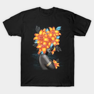 Black and white girl with color beautiful flowers in her head. T-Shirt